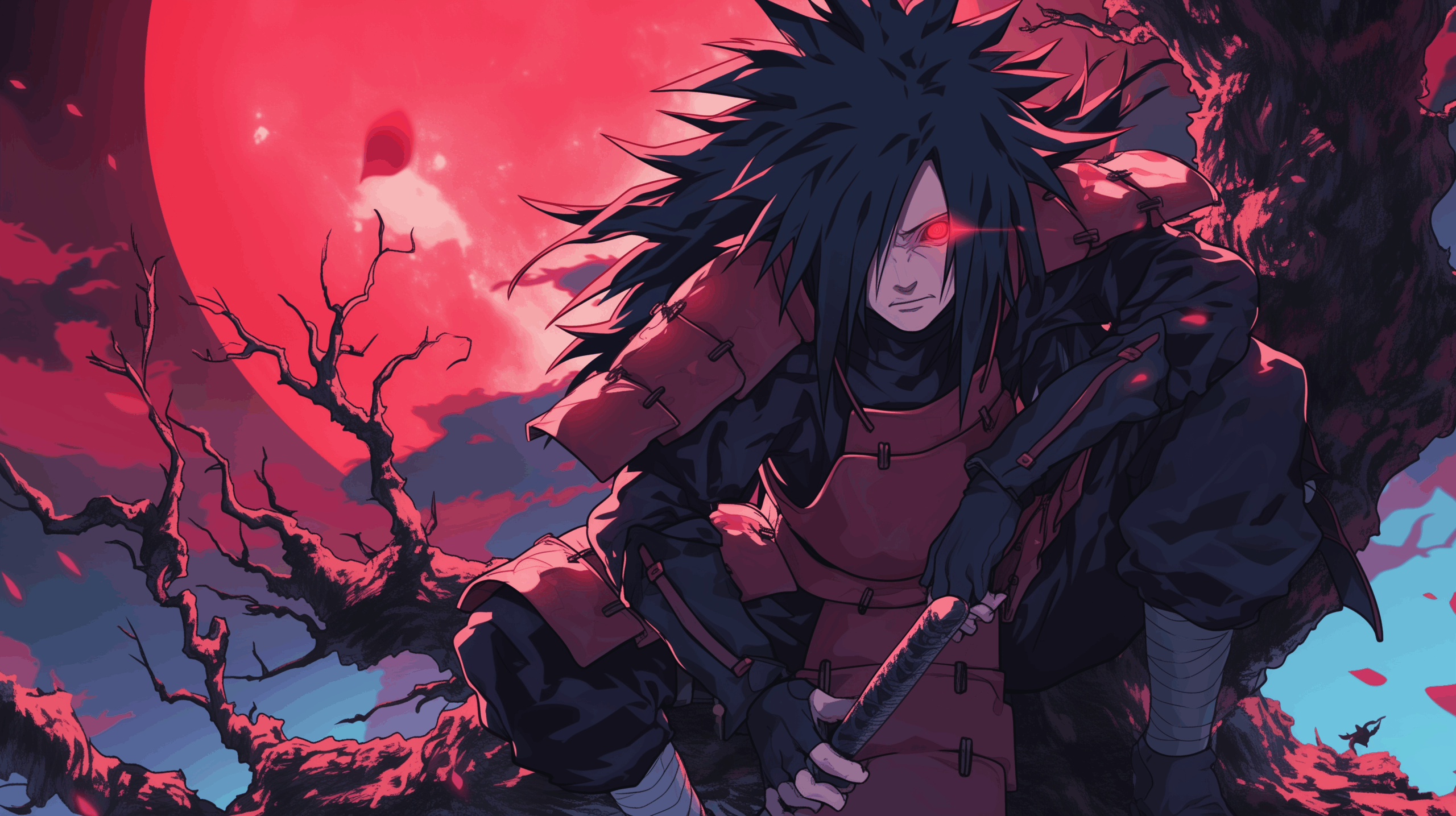 Madara Uchiha with a red moon background wallpaper